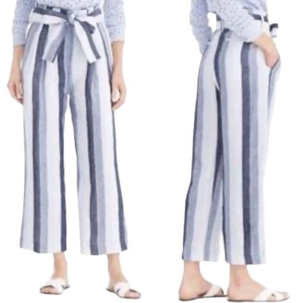 Point Sue Paperbag Stripe Linen Pants In Blue Ivory Multi NWOT
